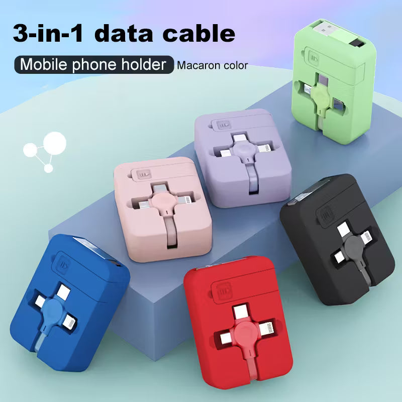3 in 1 Retractable USB Cable & Built-in Phone Stand Charger Cable